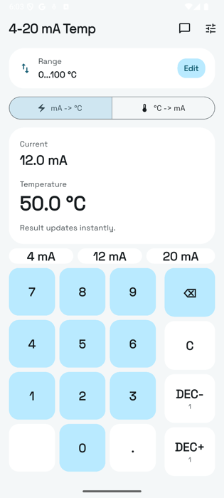 4-20 mA Temp app converting 12.0 mA to 50.0 degrees Fahrenheit