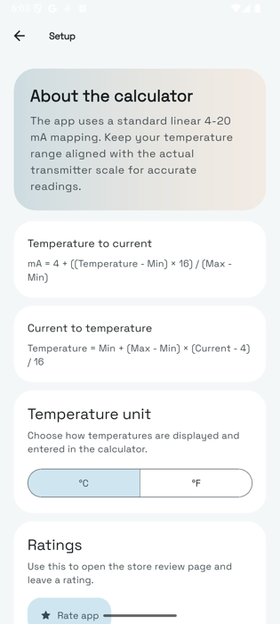 4-20 mA Temp setup screen showing formula guidance and temperature unit selection